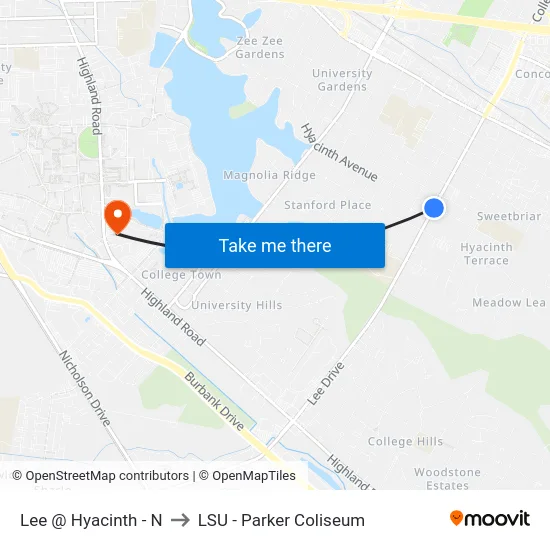 Lee @ Hyacinth - N to LSU - Parker Coliseum map