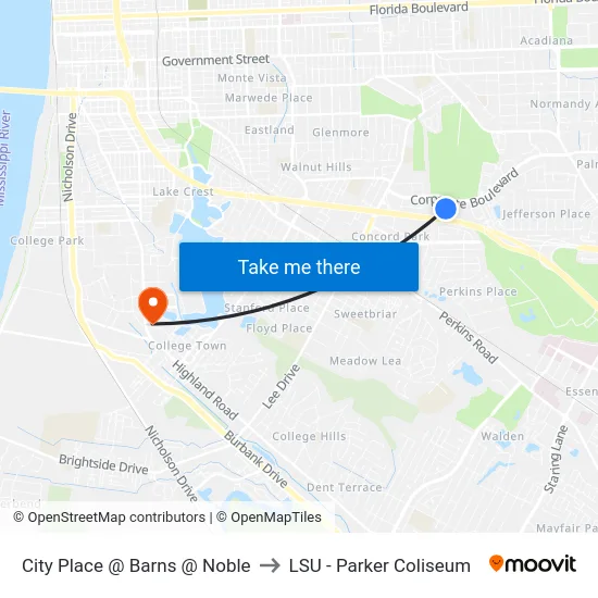 City Place @ Barns @ Noble to LSU - Parker Coliseum map