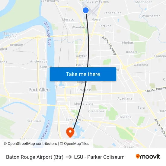 Baton Rouge Airport (Btr) to LSU - Parker Coliseum map