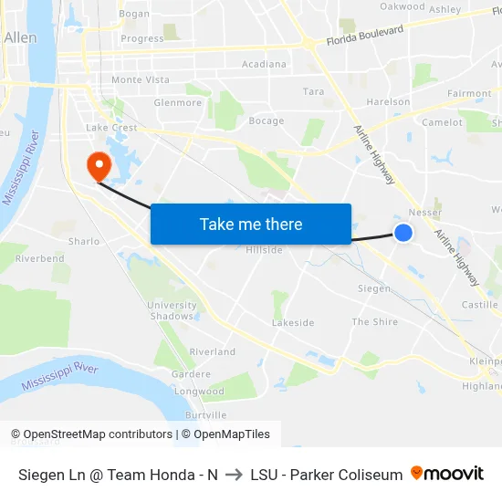 Siegen Ln @ Team Honda - N to LSU - Parker Coliseum map