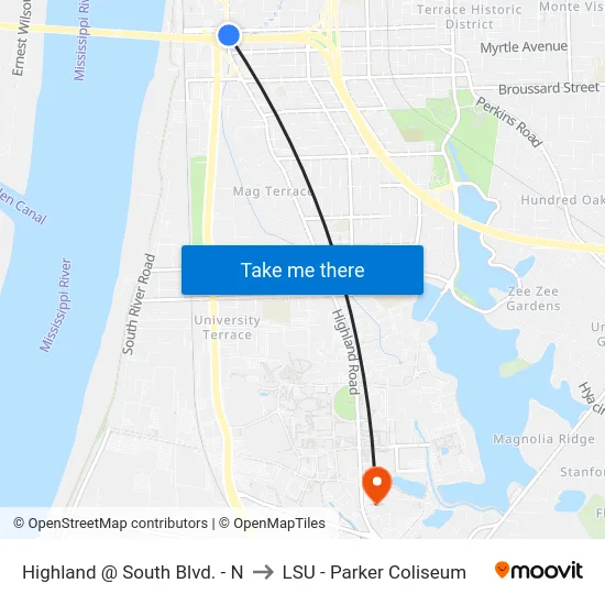 Highland @ South Blvd. - N to LSU - Parker Coliseum map