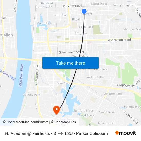 N. Acadian @ Fairfields - S to LSU - Parker Coliseum map