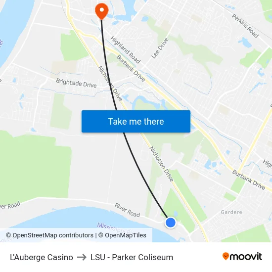 L'Auberge Casino to LSU - Parker Coliseum map
