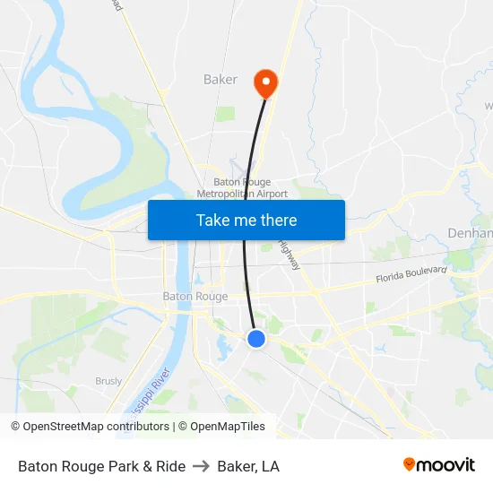 Baton Rouge Park & Ride to Baker, LA map