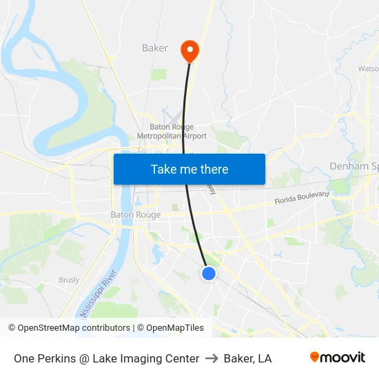 One Perkins @ Lake Imaging Center to Baker, LA map