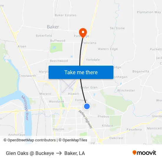 Glen Oaks @ Buckeye to Baker, LA map