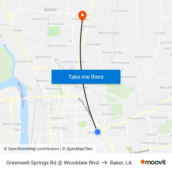 Greenwell Springs Rd @ Wooddale Blvd to Baker, LA map