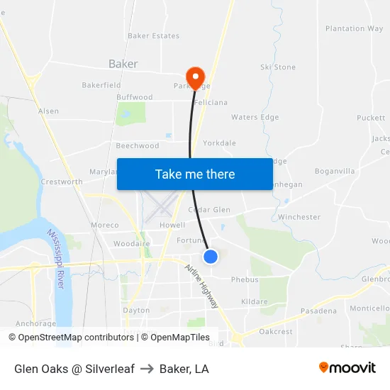 Glen Oaks @ Silverleaf to Baker, LA map