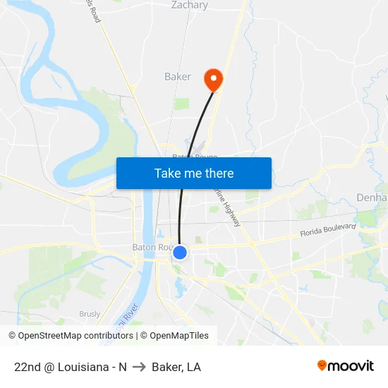 22nd @ Louisiana - N to Baker, LA map