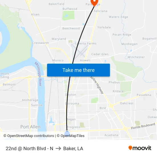 22nd @ North Blvd - N to Baker, LA map