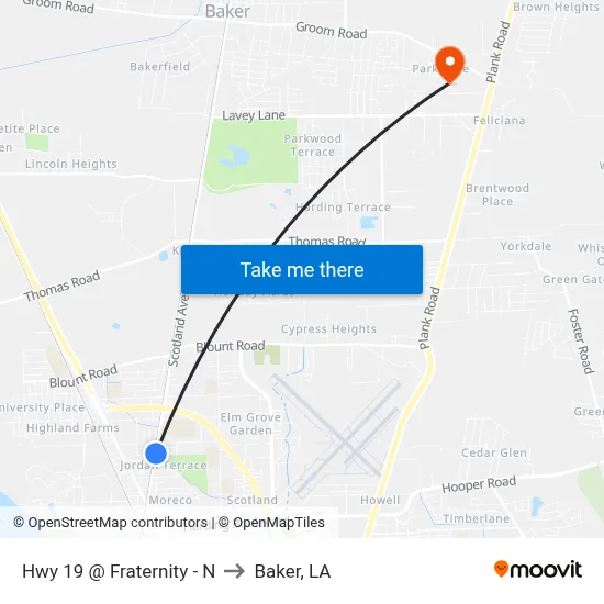 Hwy 19 @ Fraternity - N to Baker, LA map