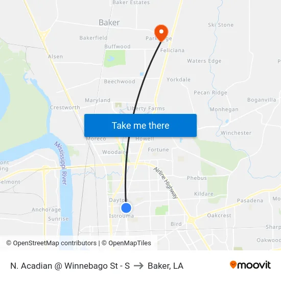 N. Acadian @ Winnebago St - S to Baker, LA map