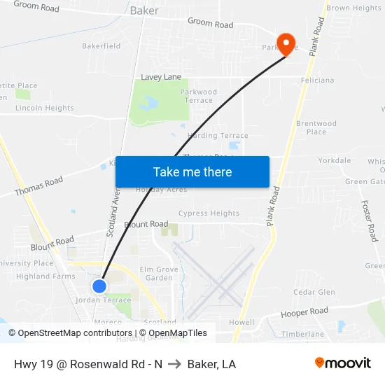 Hwy 19 @ Rosenwald Rd - N to Baker, LA map