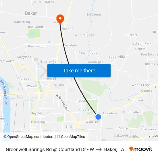 Greenwell Springs Rd @ Courtland Dr - W to Baker, LA map