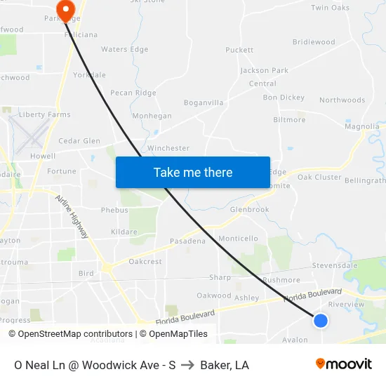 O Neal Ln @ Woodwick Ave - S to Baker, LA map