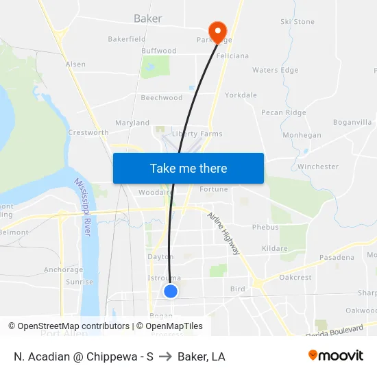 N. Acadian @ Chippewa - S to Baker, LA map