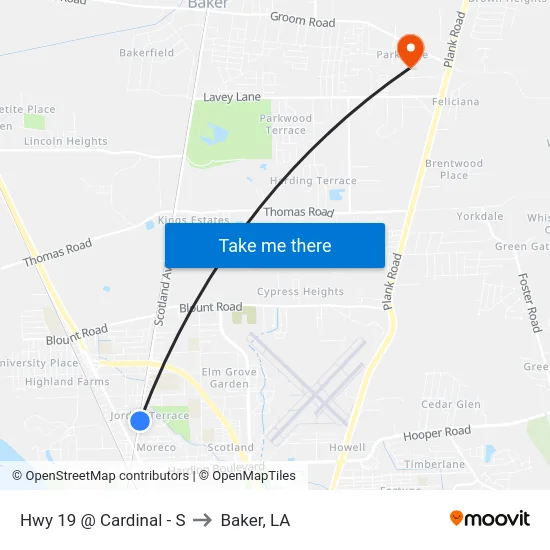 Hwy 19 @ Cardinal - S to Baker, LA map