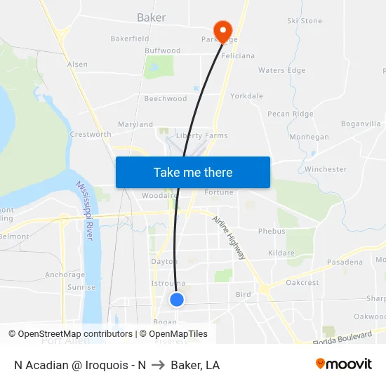 N Acadian @ Iroquois - N to Baker, LA map