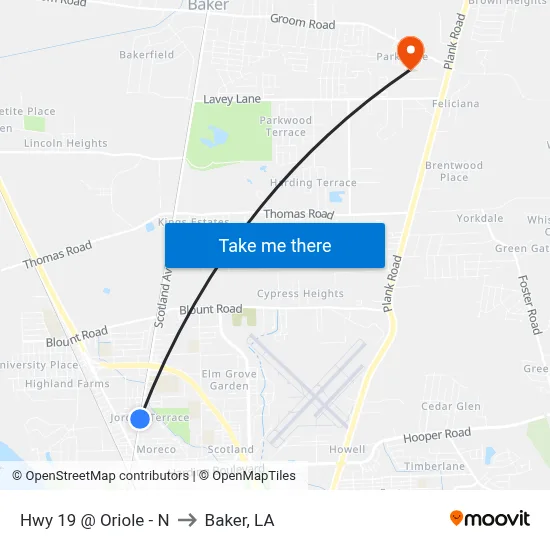 Hwy 19 @ Oriole - N to Baker, LA map