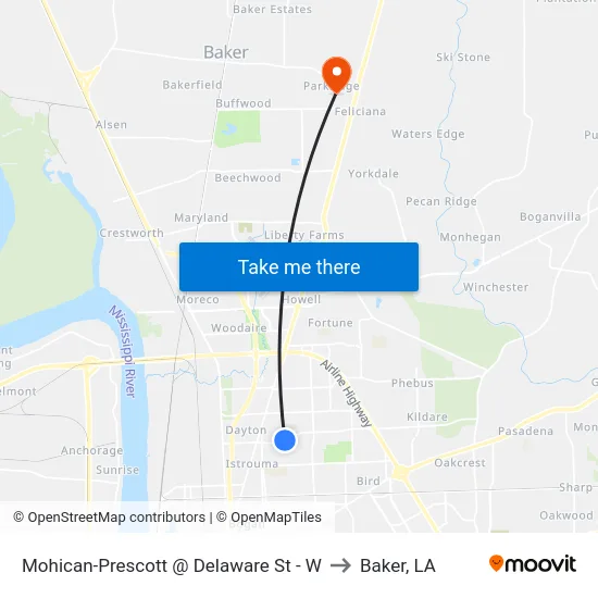 Mohican-Prescott @ Delaware St - W to Baker, LA map