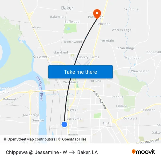 Chippewa @ Jessamine - W to Baker, LA map