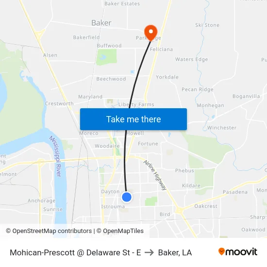 Mohican-Prescott @ Delaware St - E to Baker, LA map