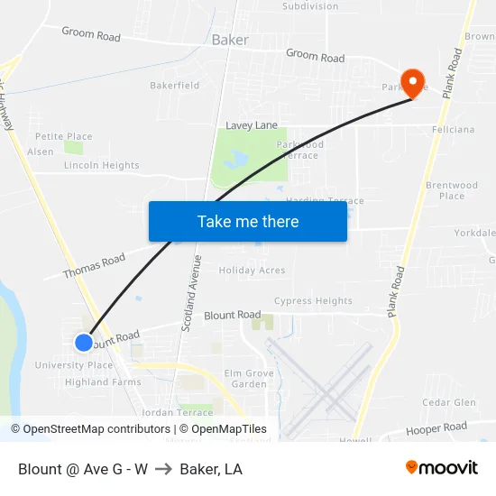 Blount @ Ave G - W to Baker, LA map