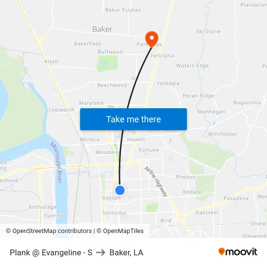 Plank @ Evangeline - S to Baker, LA map