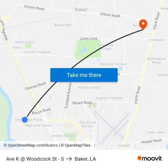 Ave K @ Woodcock St - S to Baker, LA map
