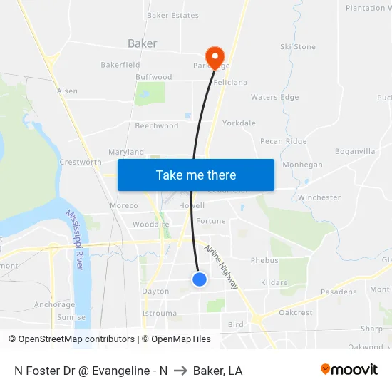 N Foster Dr @ Evangeline - N to Baker, LA map