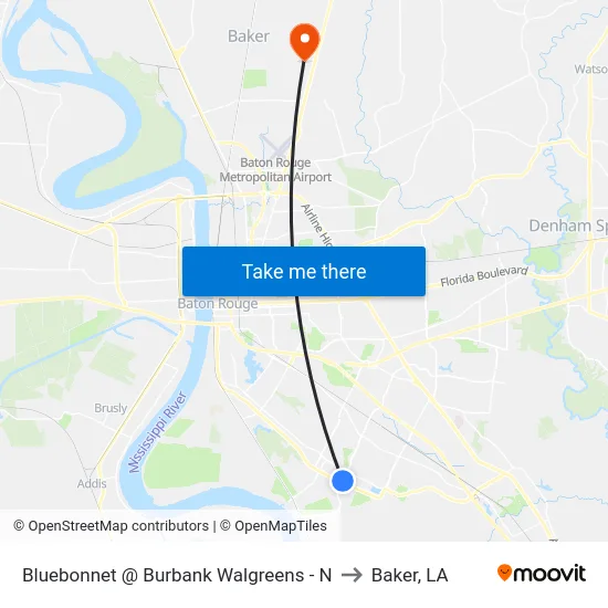 Bluebonnet @ Burbank Walgreens - N to Baker, LA map