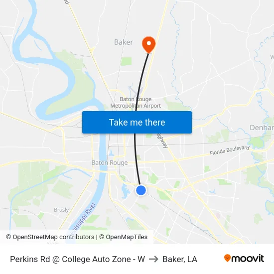 Perkins Rd @ College Auto Zone - W to Baker, LA map