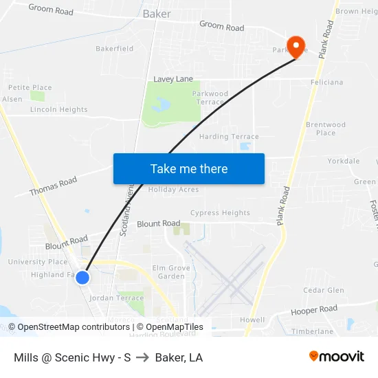 Mills @ Scenic Hwy - S to Baker, LA map