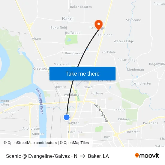 Scenic @ Evangeline/Galvez - N to Baker, LA map