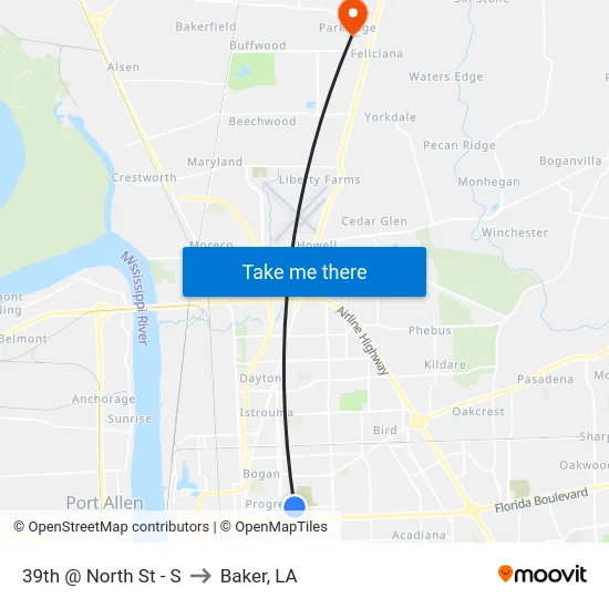 39th @ North St - S to Baker, LA map