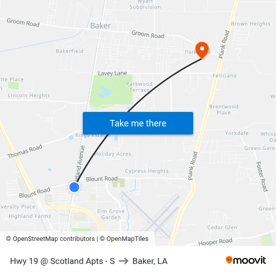 Hwy 19 @ Scotland Apts - S to Baker, LA map