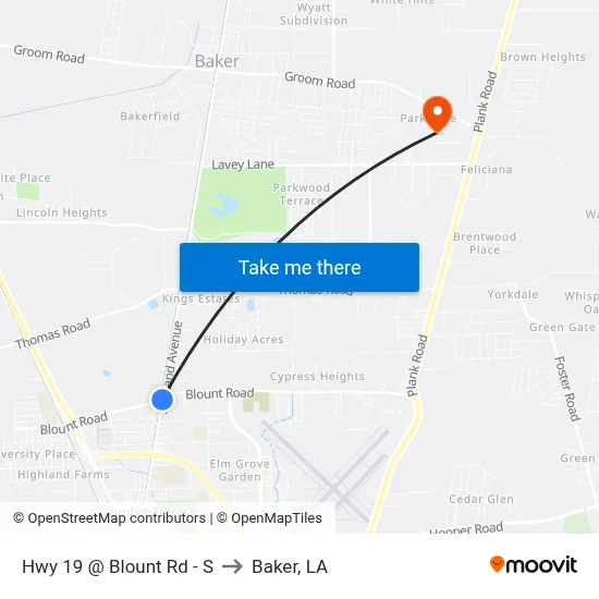 Hwy 19 @ Blount Rd - S to Baker, LA map