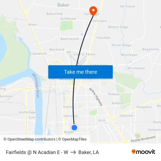 Fairfields @ N Acadian E - W to Baker, LA map