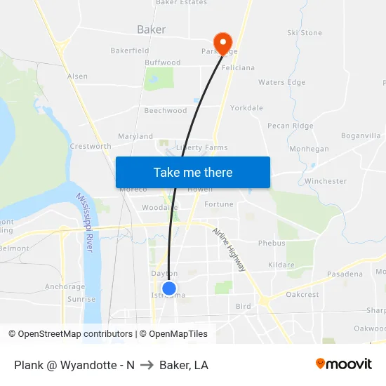 Plank @ Wyandotte - N to Baker, LA map