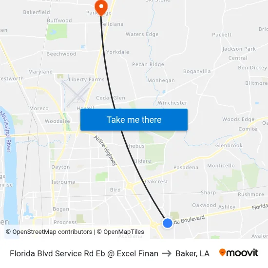 Florida Blvd Service Rd Eb @ Excel Finan to Baker, LA map