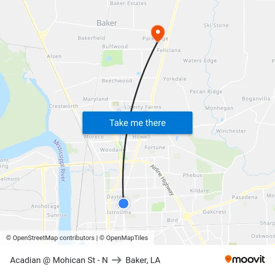 Acadian @ Mohican St - N to Baker, LA map
