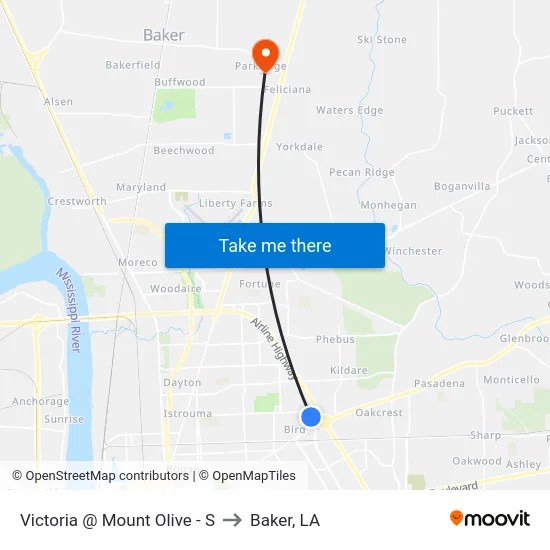 Victoria @ Mount Olive - S to Baker, LA map