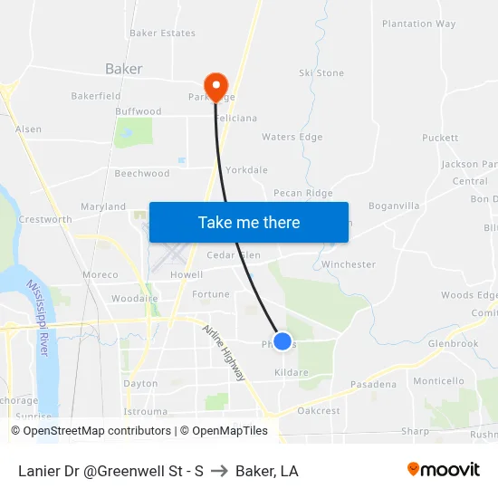 Lanier Dr @Greenwell St - S to Baker, LA map