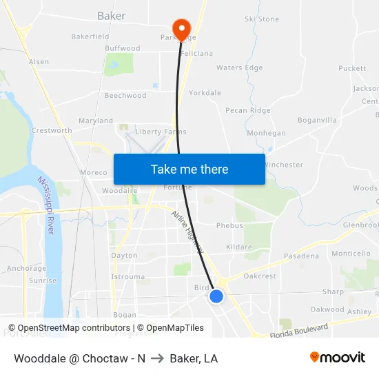 Wooddale @ Choctaw - N to Baker, LA map