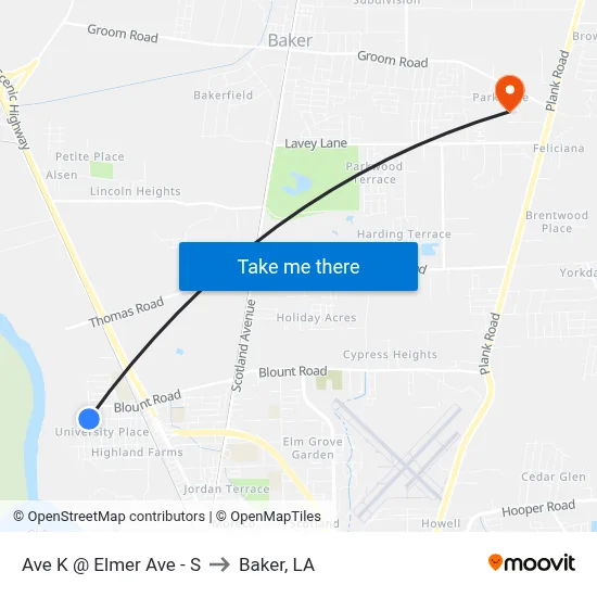 Ave K @ Elmer Ave - S to Baker, LA map