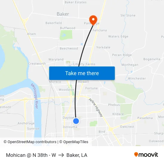 Mohican @ N 38th - W to Baker, LA map