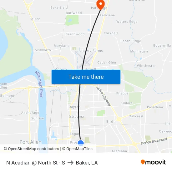 N Acadian @ North St - S to Baker, LA map