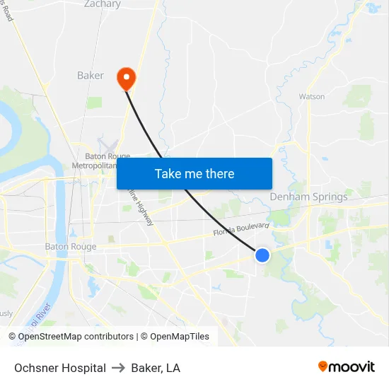 Ochsner Hospital to Baker, LA map