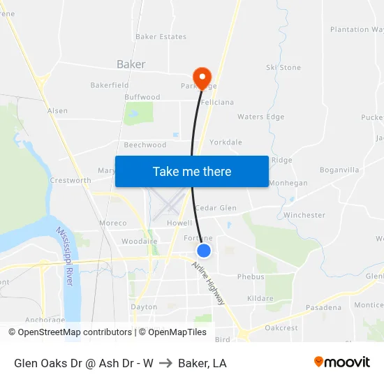 Glen Oaks Dr @ Ash Dr - W to Baker, LA map