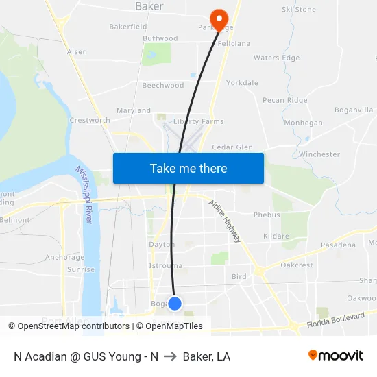 N Acadian @ GUS Young - N to Baker, LA map